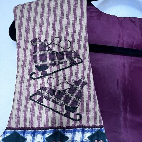 Vtg Handmade Quilted Vest Womens LG Patchwork Welcome Winter Snowman Skates Tree - Picture 8 of 12